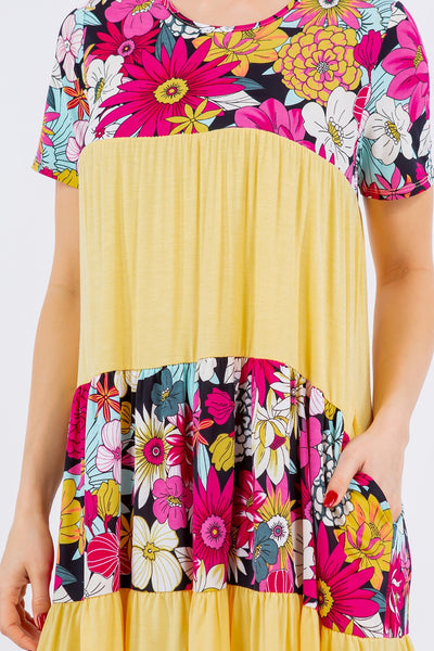 Celeste Full Size Color Block Floral Round Neck Short Sleeve Dress Trendsi